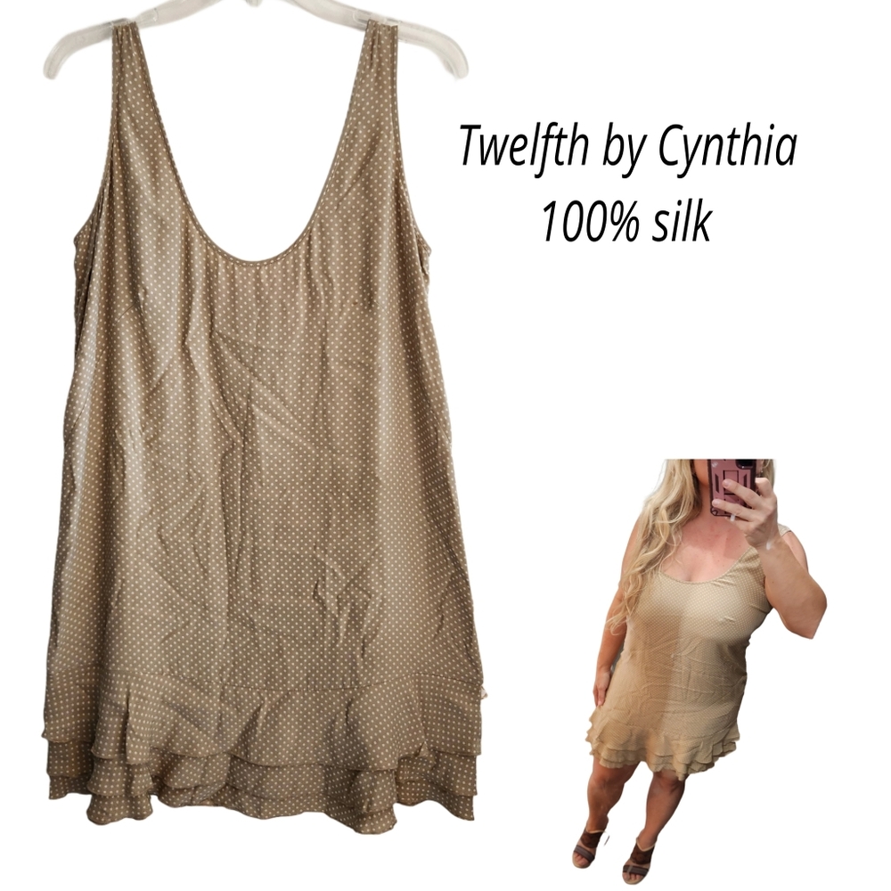Twelfth By Cynthia 100% Silk Dotted Slip Tiered Mini Dress Large Size 10